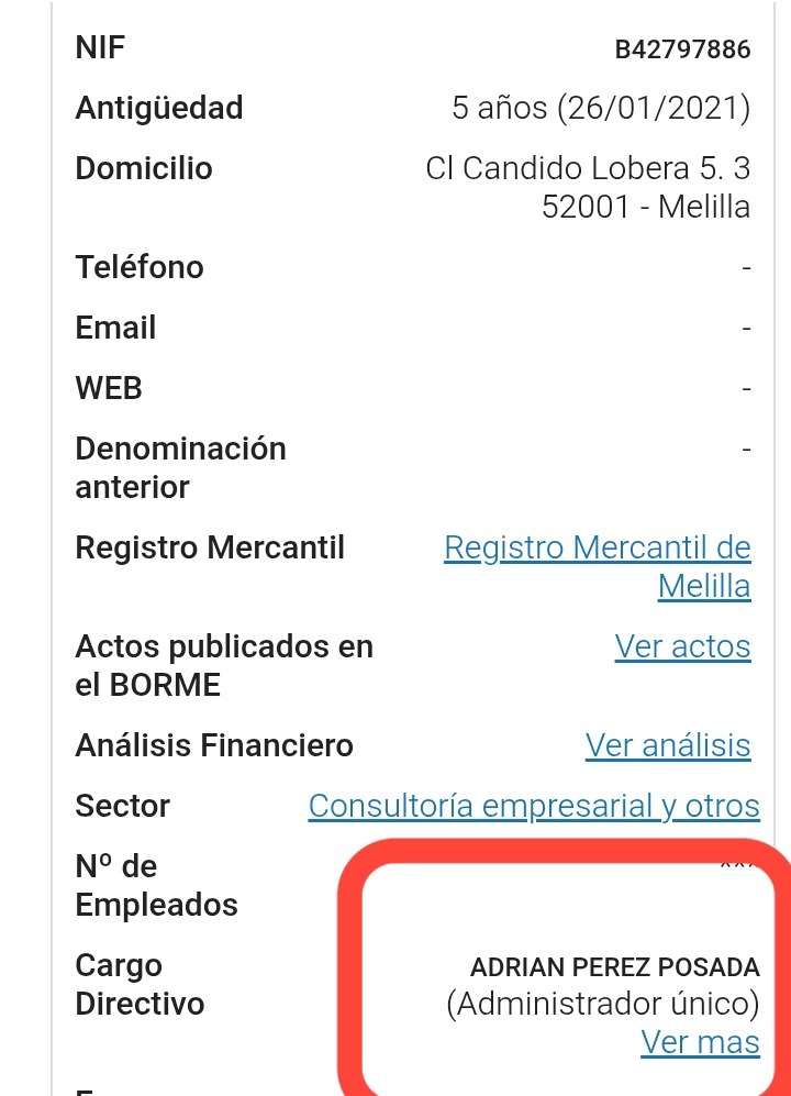 Captura de los datos registrales de TENERRED S.L., empresa propietaria de Overoption, con sede en Melilla