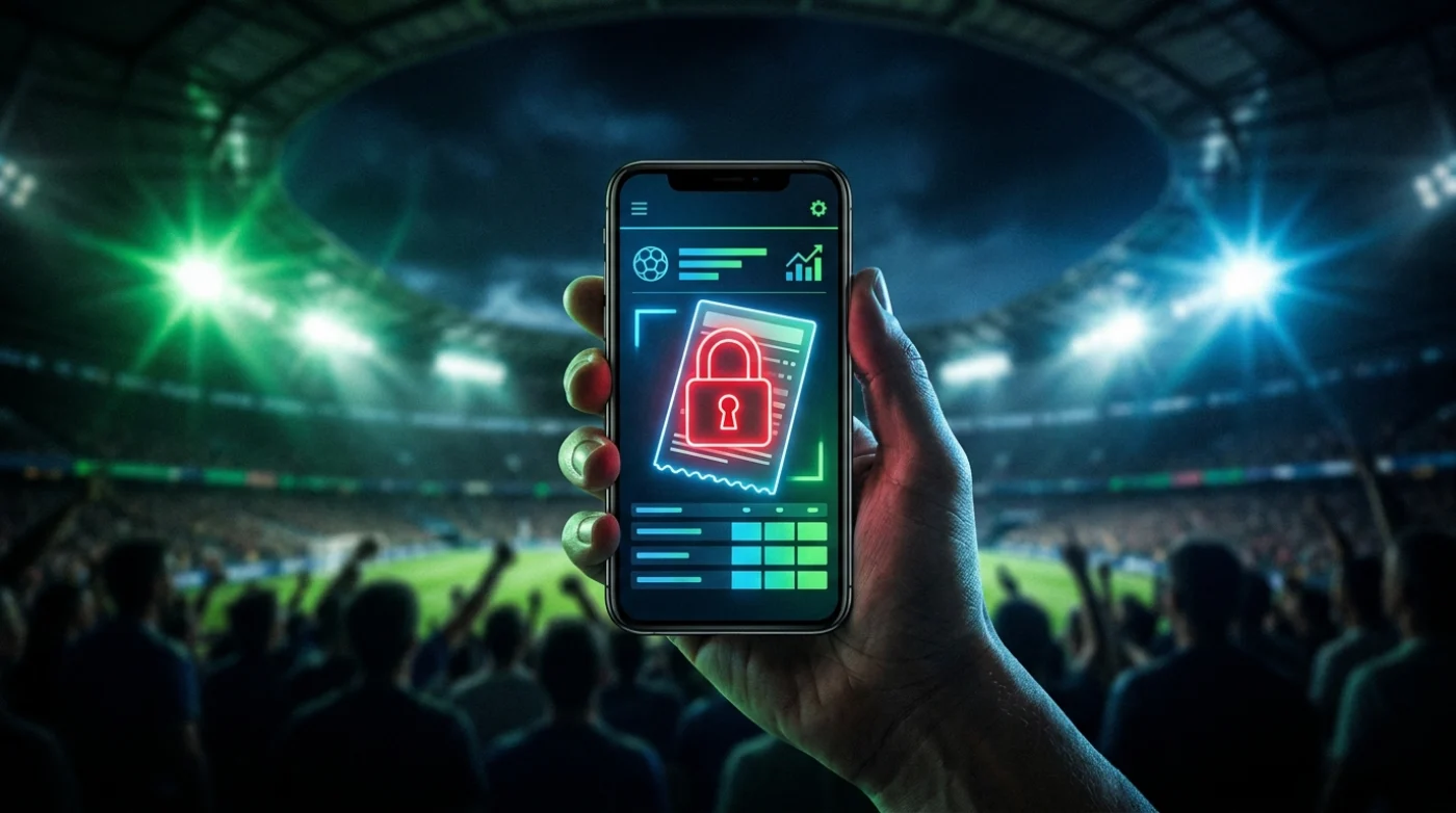 Mano sosteniendo un móvil en un estadio con una app de apuestas y un candado rojo sobre el ticket, símbolo de cuenta limitada
