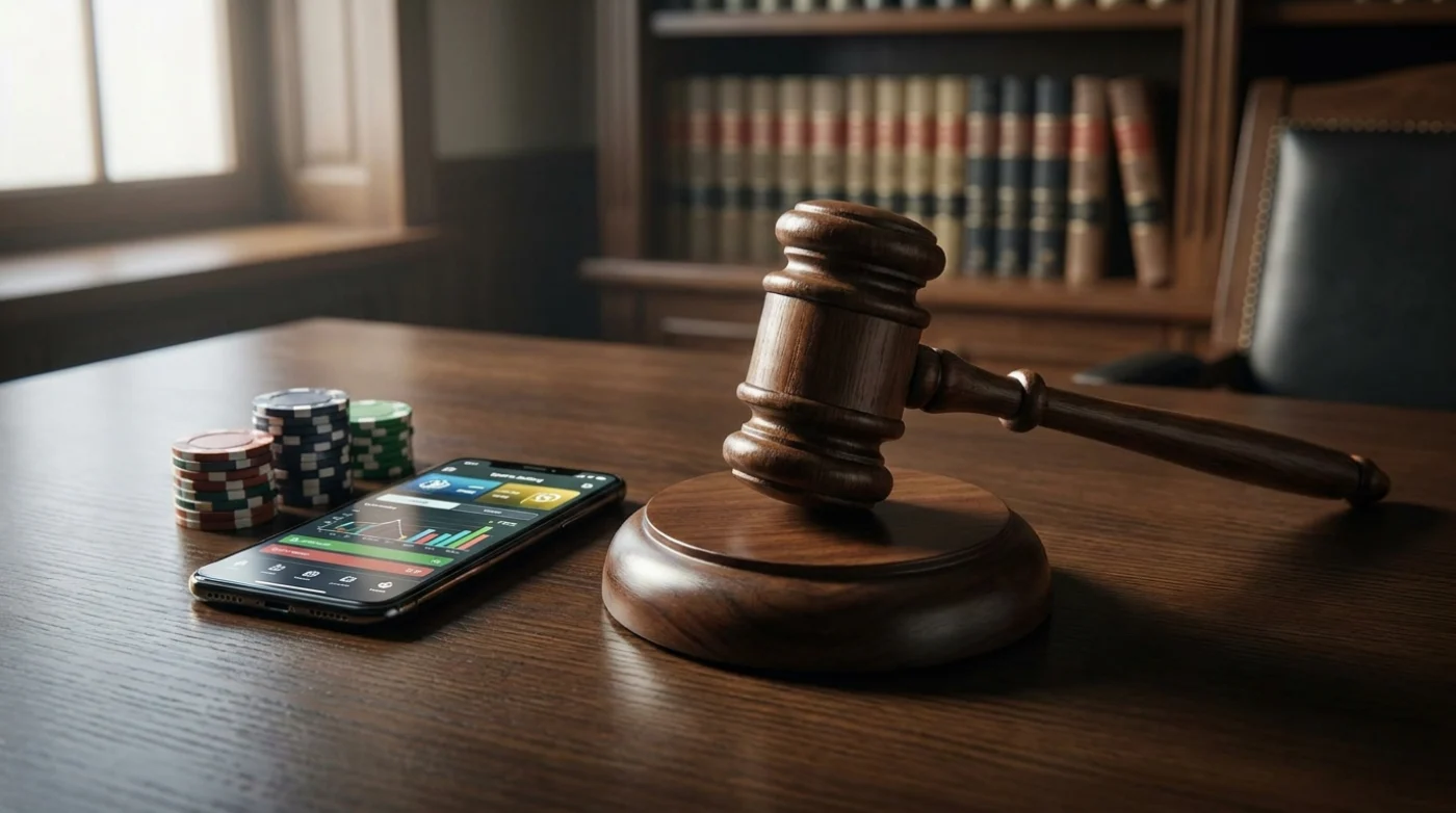 Martillo de juez sobre su base en una mesa de tribunal junto a un móvil con una app de apuestas y fichas, marco legal de las casas de apuestas en España